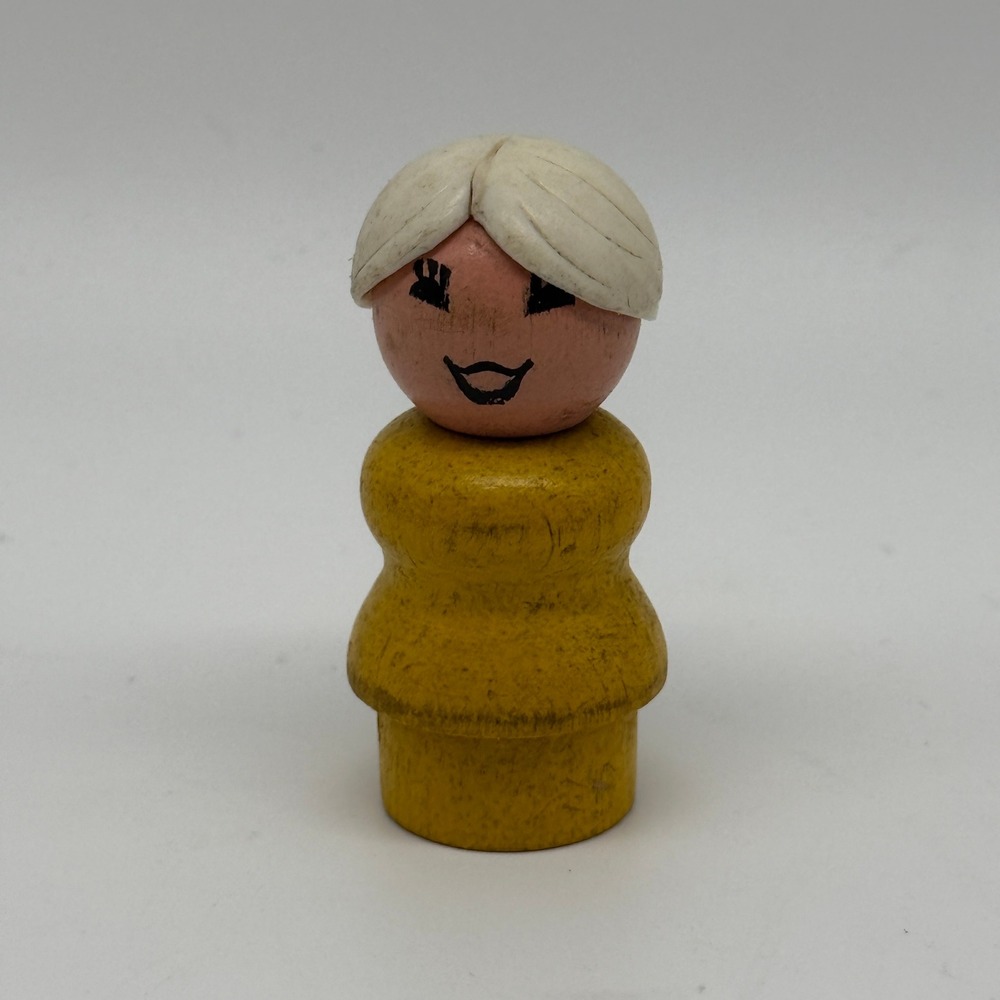 Fisher Price Little People Grandmother Figure All Wood Yellow White Bun‎ Vintage